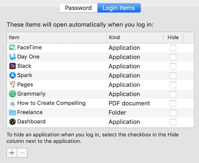 Long list of Login Items in Users & Groups preferences.