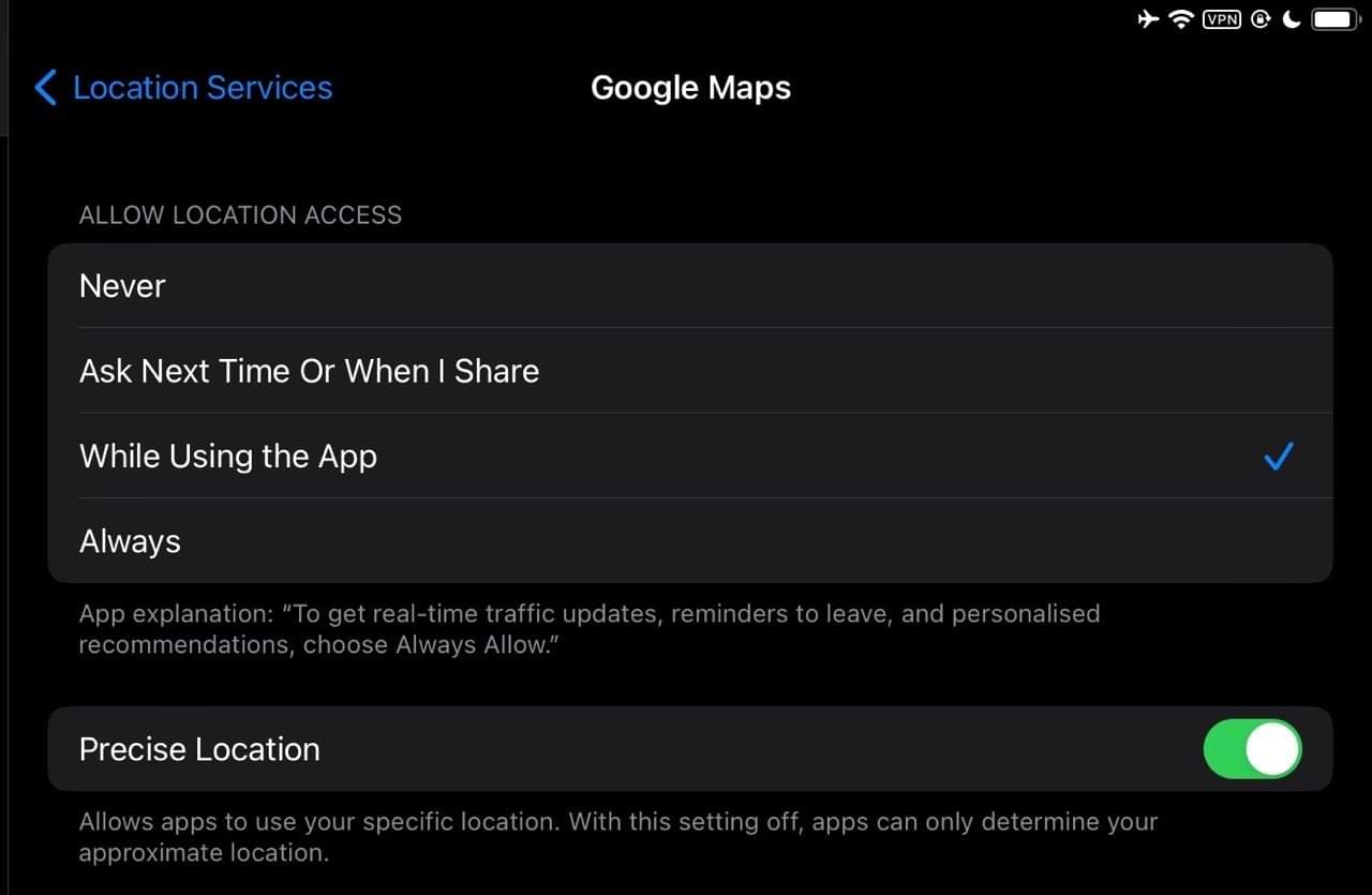 Choose Google Maps iPad Location Settings
