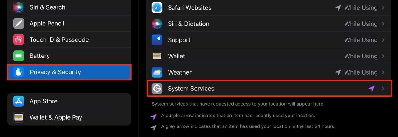 iPad Location Services Settings