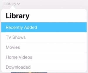 TV app Library drop-down menu