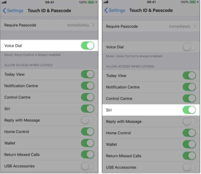 Voice Dial and Siri options in Touch ID or Face ID & Passcode settings.