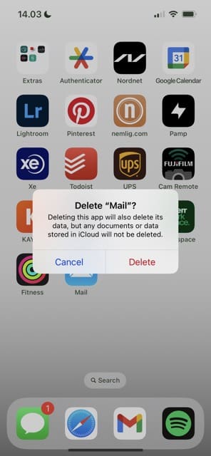 Confirm that you want to delete the Mail app in the second window