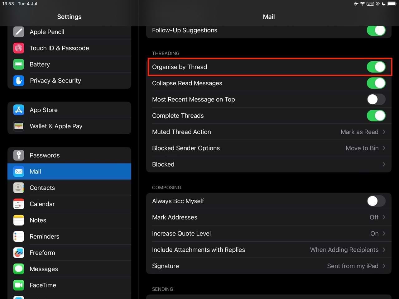 Switch off the Organized Threading option in the Settings app 