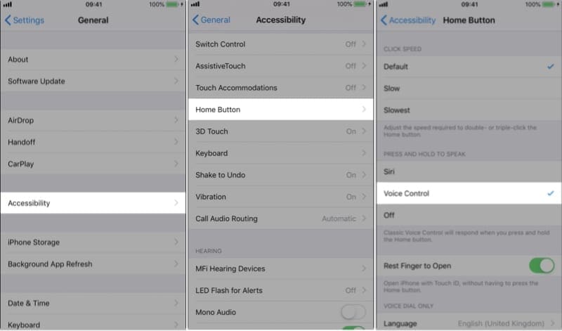 Accessibility > Home Button > Voice Control in iPhone settings.