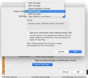 iTunes import format settings
