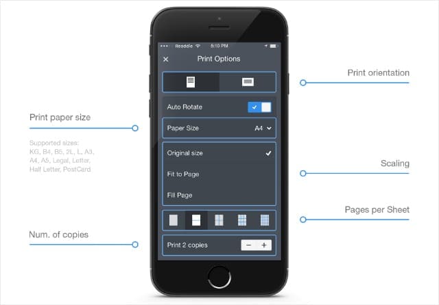 Printer Pro setting options on iPhone