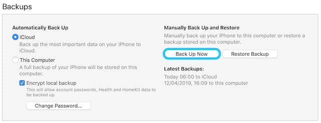 back Up Now in Backups section of iTunes.