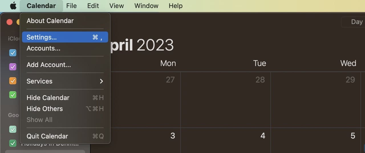 Calendar Access Mac Settings Screenshot