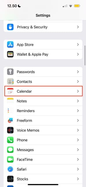 Calendar Settings iOS Screenshot