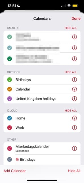 Edit Visible Calendars iOS Screenshot
