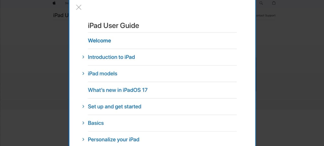 The table of contents in the iPad User Guide
