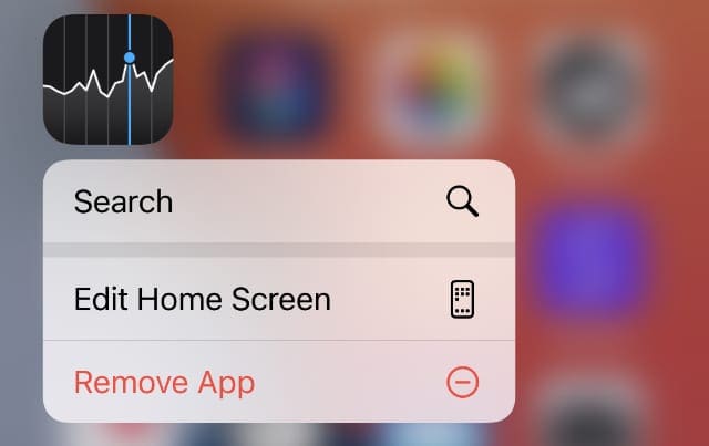 Edit Home Screen and Remove App quick action menu