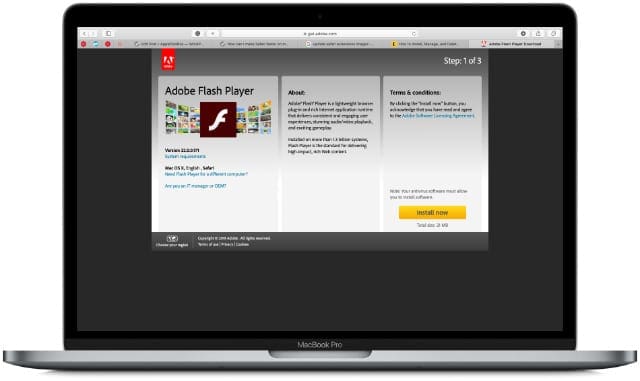 MacBook on the Adobe Flash Player download page.