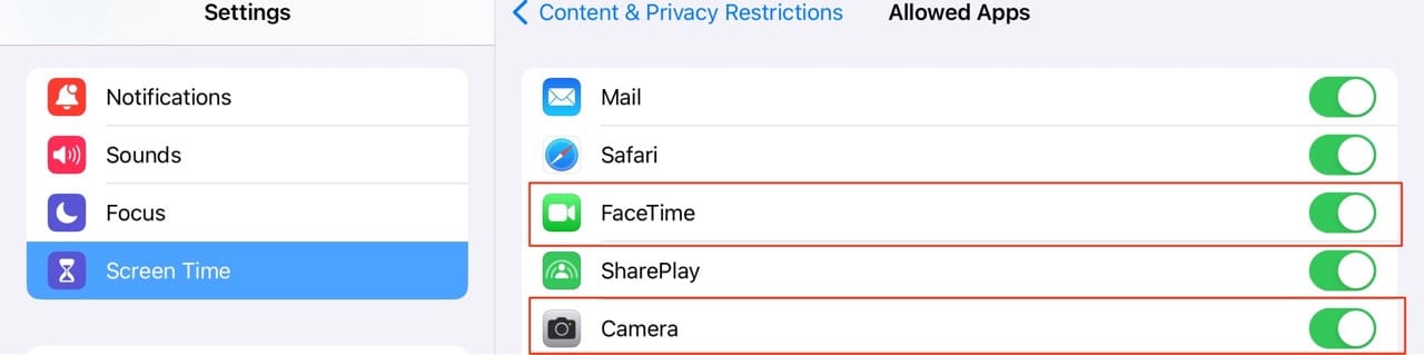 Toggle Camera and FaceTime in Content and Privacy Restrictions