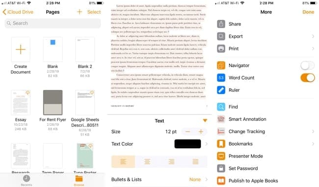 Pages on iPhone