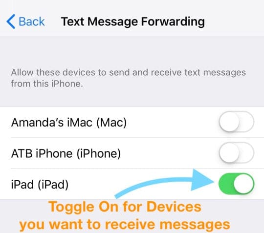 Settings for devices to send and receive text messages from iPhone