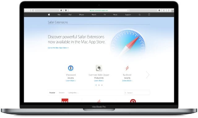 MacBook Pro on Safari extensions web page.