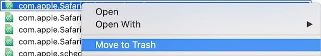 Move to Trash option for Safari plist file.