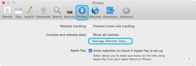 Privacy tab in Safari preferences with Manage Website Data option.