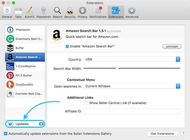 Safari extensions showing an Updates box.
