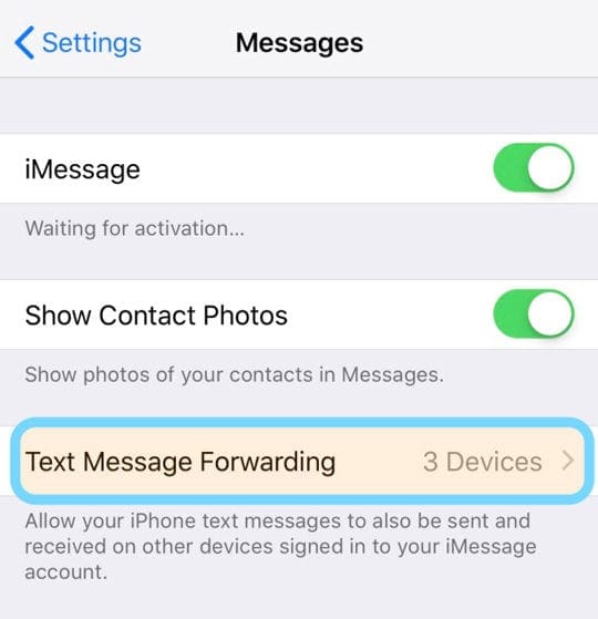 text message forwarding iphone not showing