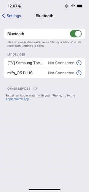 Bluetooth Settings on iPhone, showing devices that you can connect to 