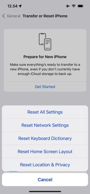 Reset iPhone Settings Screenshot