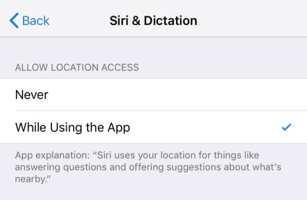 allow Siri & Dictation Location Access iOS