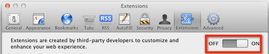 Safari Preferences Extensions tab