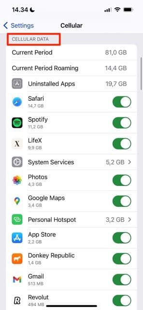 Screenshot showing the Cellular Data Settings overall in iOS