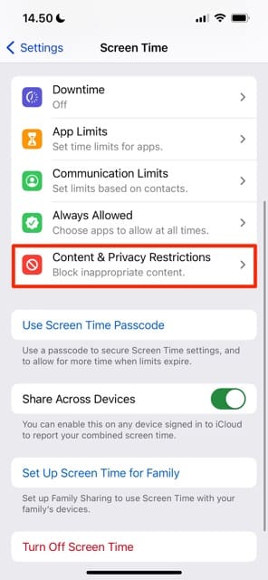 Screenshot showing how to access your iPhone's content and privacy restrictions
