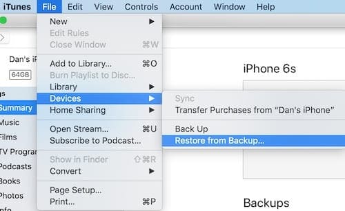 Restore from Backup option in the iTunes menus.