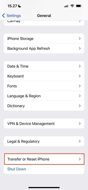Screenshot showing how to transfer or reset iOS settings