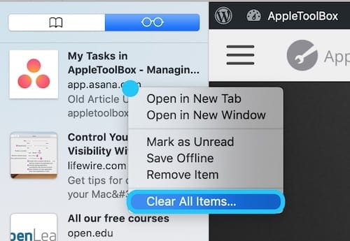 Screenshot of macOS highlighting Clear All Items... button