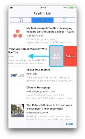 Screenshot of iPhone Reading List highlighting Save Offline Button
