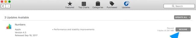 Обновления Mac App Store Возобновить загрузку или установку
