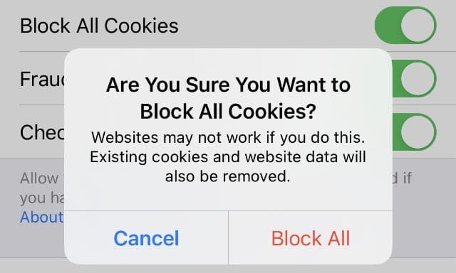 Параметр «Блокировать все файлы cookie» в настройках Safari на iPhone