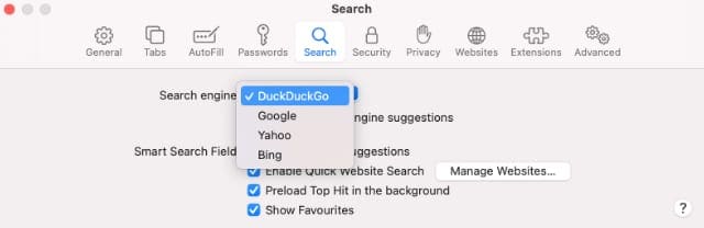 Выбор поисковой системы по умолчанию в Safari на Mac