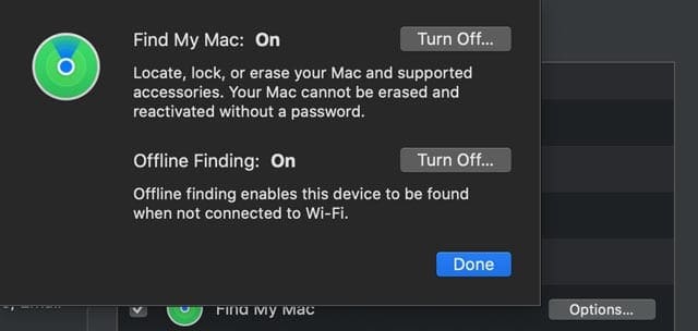 options for Find My Mac on macOS