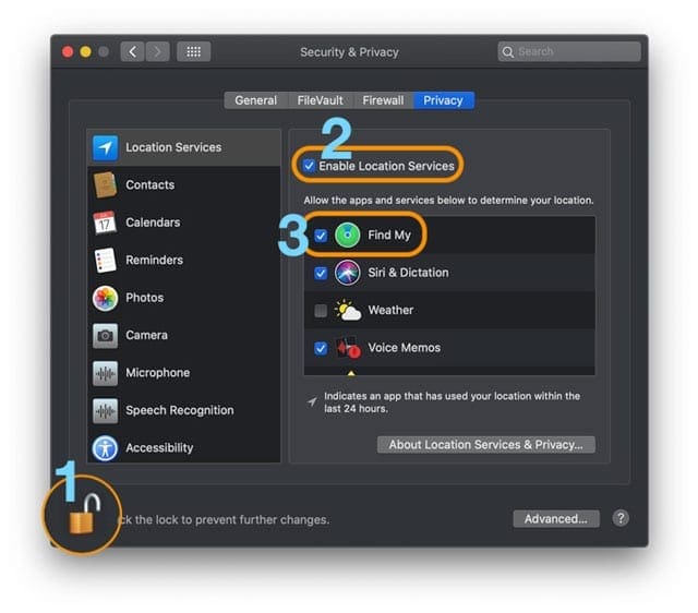 Find My Mac location services settings