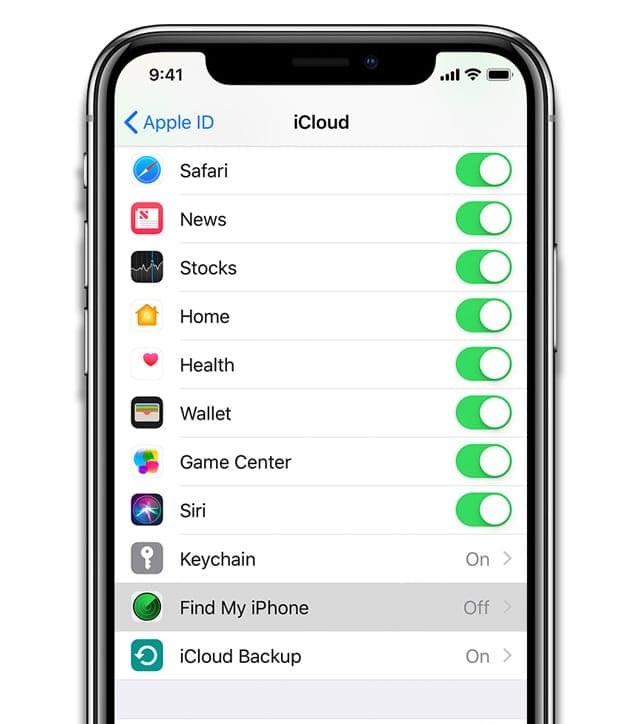 Find My iPhone app on iPhone in iCloud Settings