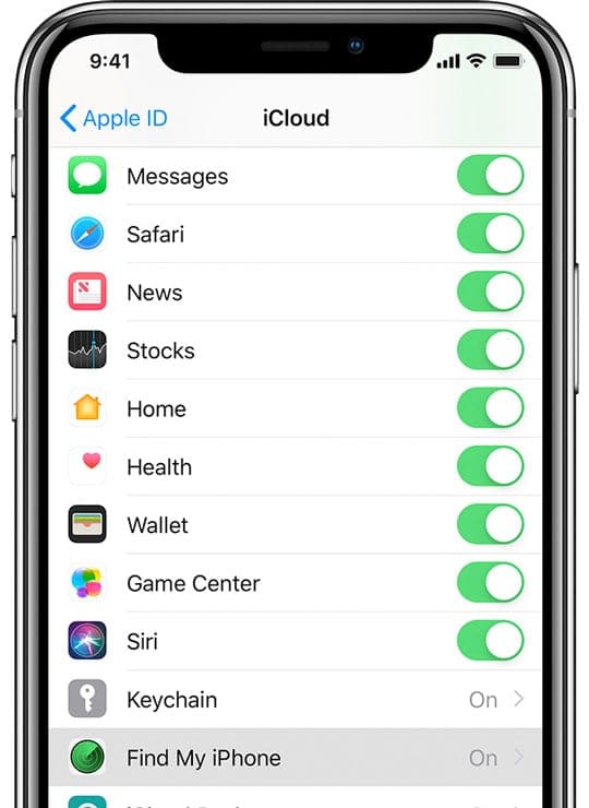 find my iPhone Setting in iCloud Settings Apple ID on iPhone iOS 12