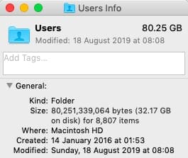 Get Info window for Users folder showing size