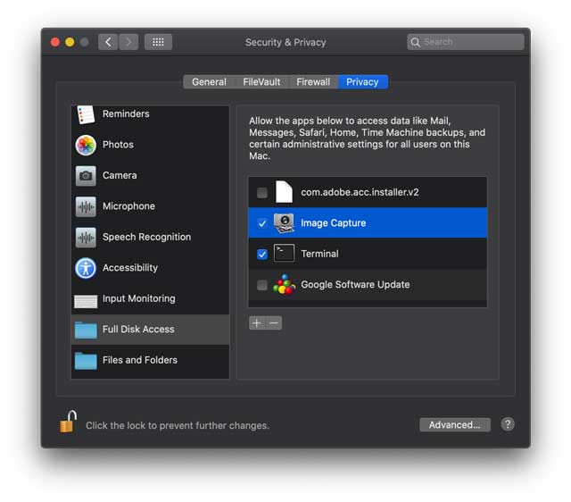 Grant Image Capture app Full Disk Access in macOS