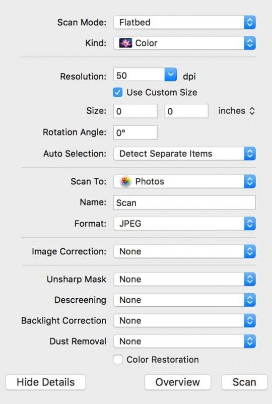 How to scan photos / images by using iPhoto or Photos on a Mac