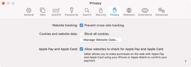 Prevent cross-site tracking in Safari Preferences on Mac