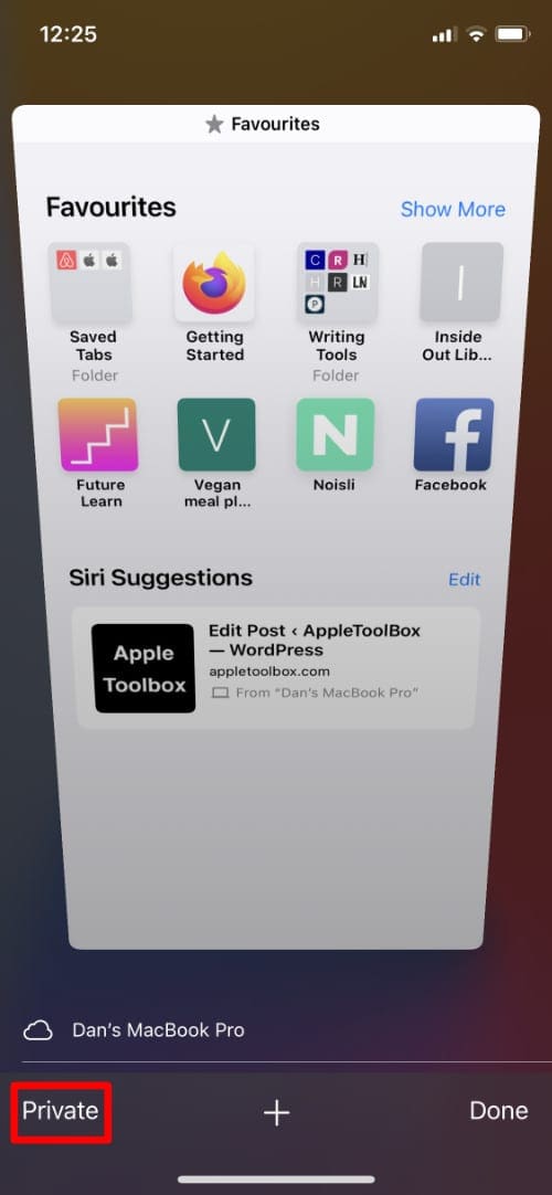 Private button from Tabs window in Safari on iPhone