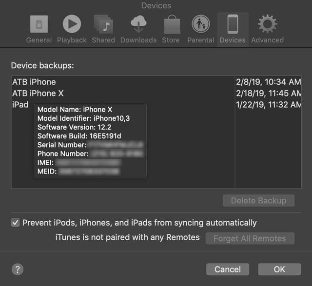 serial number of devices in iTunes preferences