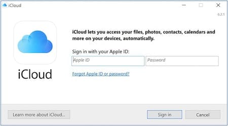 Скриншот страницы входа в iCloud для Windows