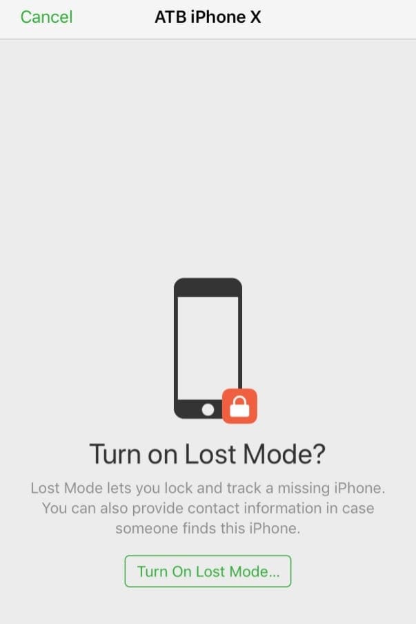 Lost Mode message to turn lost mode on in Find My iPhone App